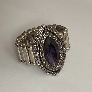 Vintage Stretchy Ring Purple Marquise Cut Gem Silver Tone Jewelry Art Deco Style